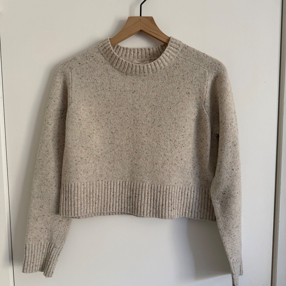 Cream Multi Fleck Cropped Crewneck Sweater Fisherman Fall Cozy Granolagirl